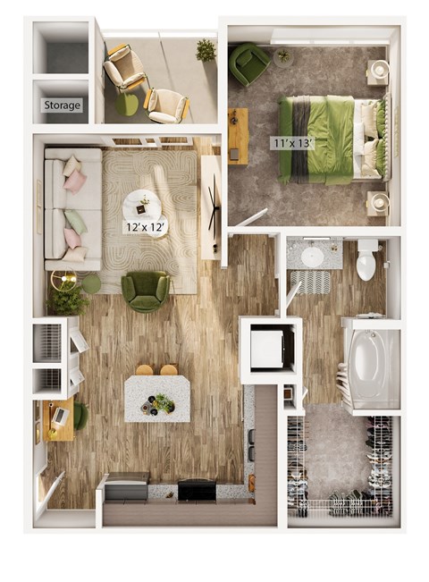 Floor plan for 1 bed, 1 bath, 725 sqft
